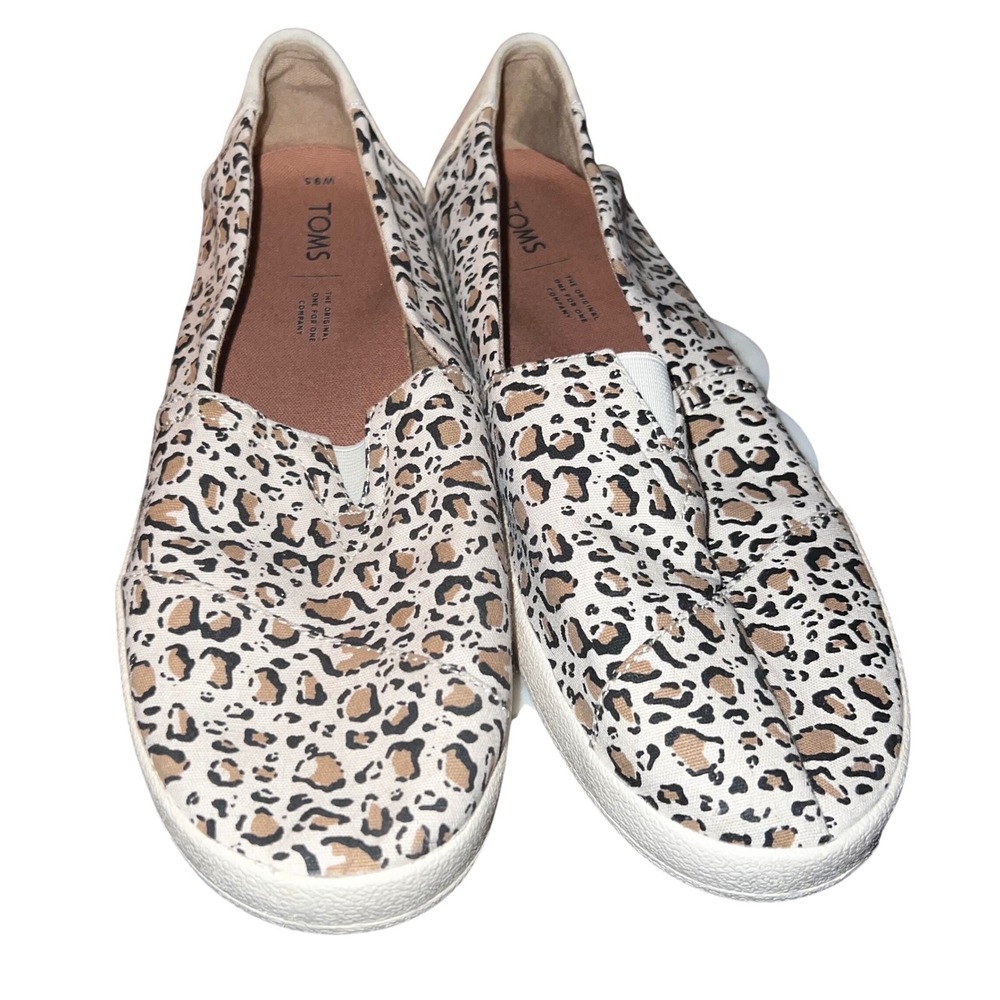 TOMS Avalon Leopard Print Canvas Slip On Sneakers Womens 9.5 Tan Black‎ White